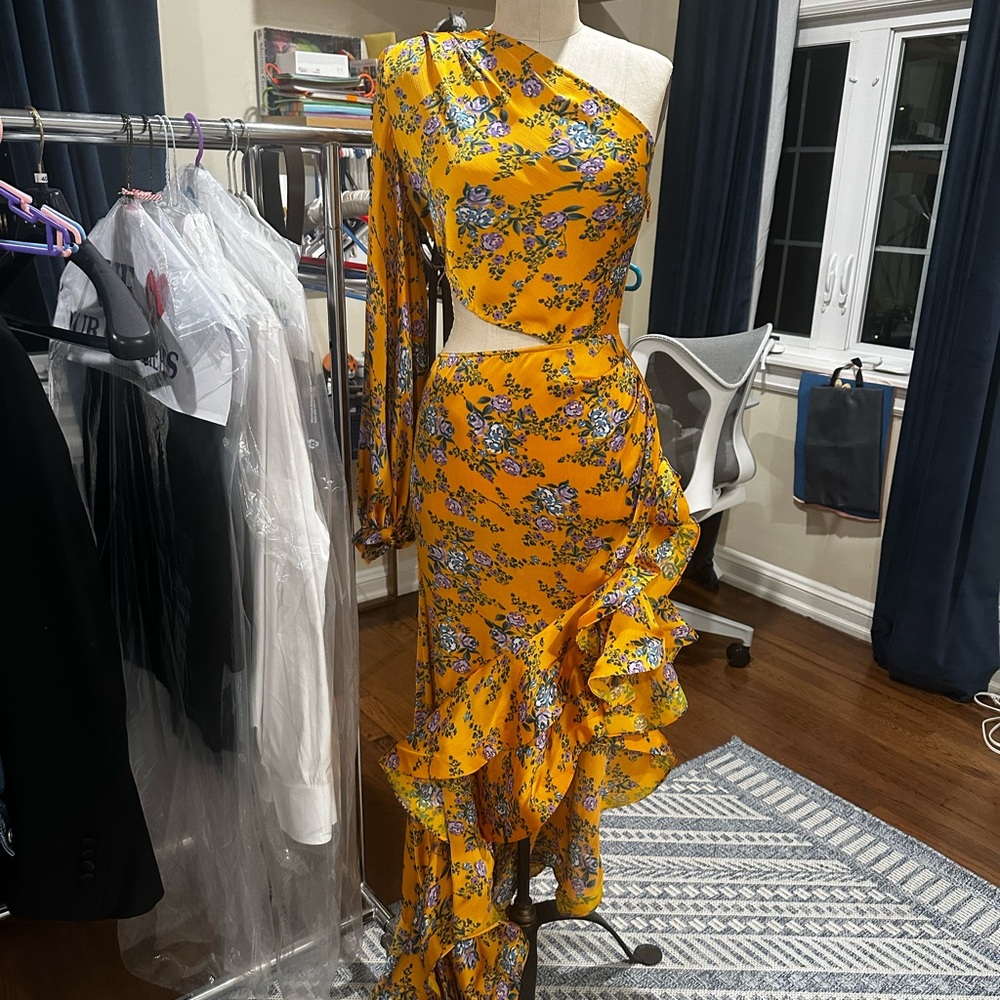 Bronx and Banco Yellow Floral One-Shoulder Dress